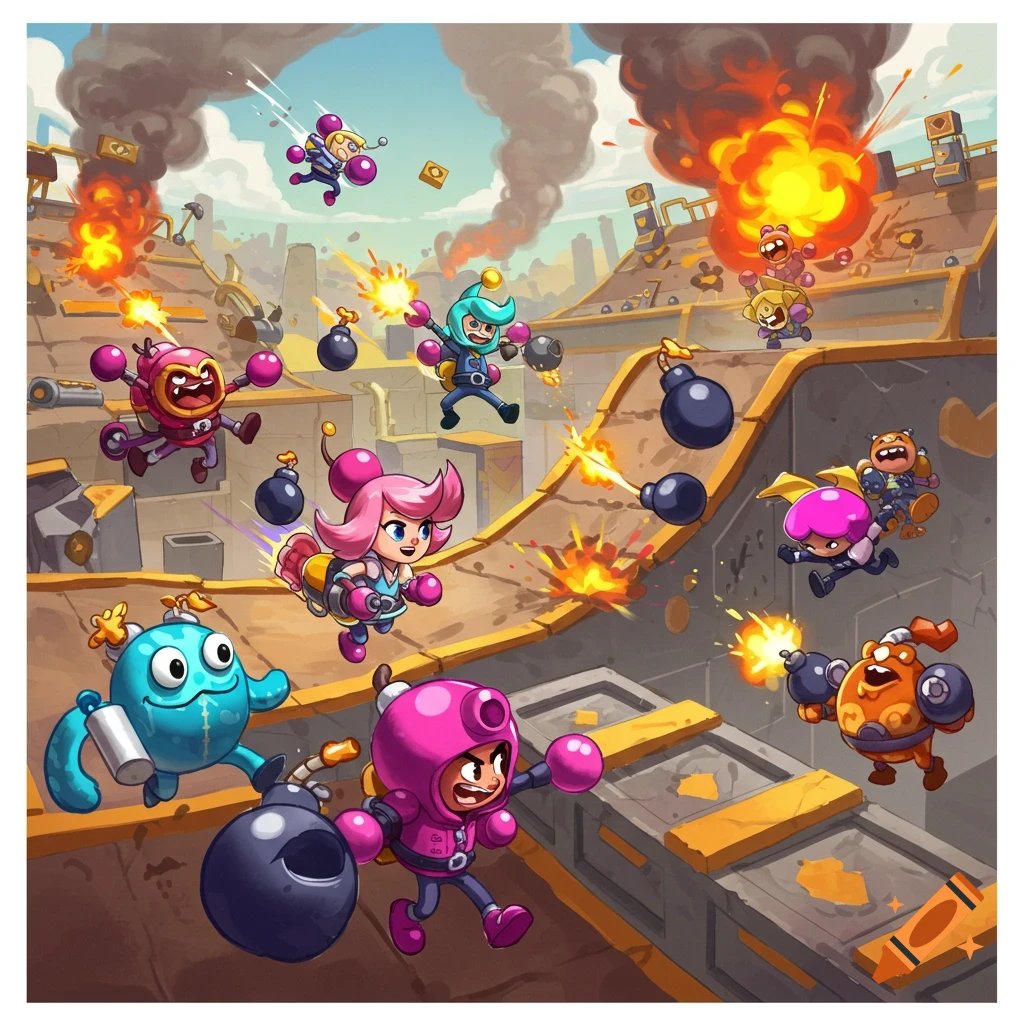 Colorful cartoon characters throw bombs and fight in an explosion-filled arena.