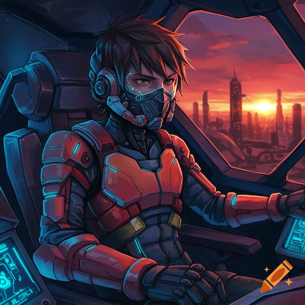 Anime pilot in futuristic suit sits in cockpit overlooking a sunset cityscape