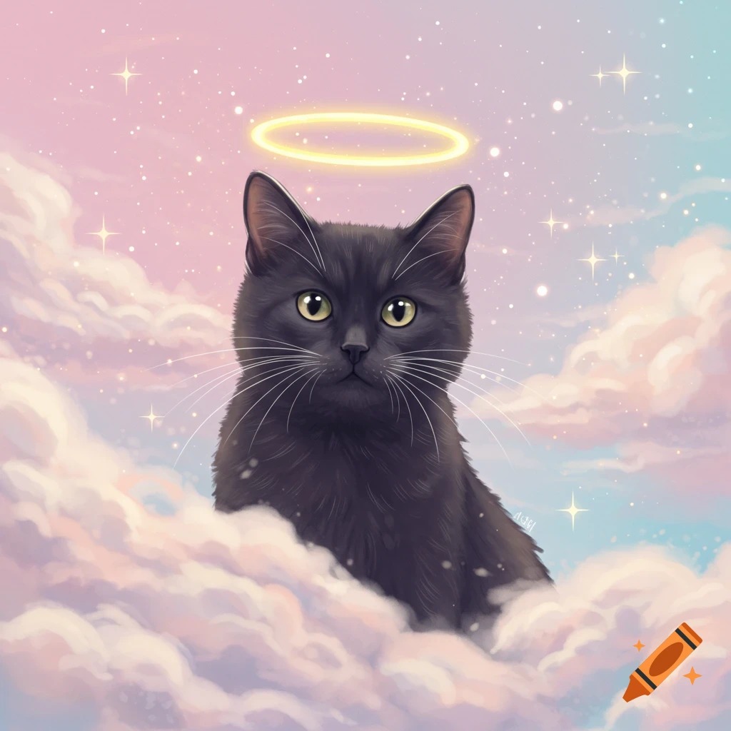 A black cat with a halo sits in pink and blue clouds.