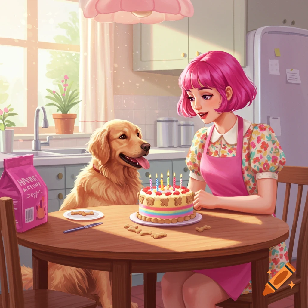 A woman and golden retriever celebrate a birthday with a rainbow cake on a table.