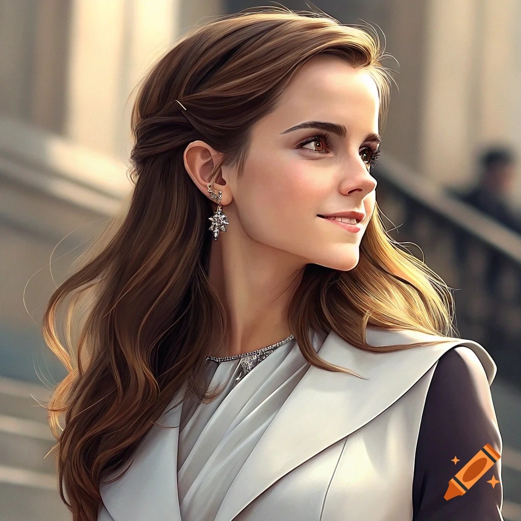 Close-up portrait of a woman with brown hair, wearing a light outfit and earrings, looking to the side. Digital art.