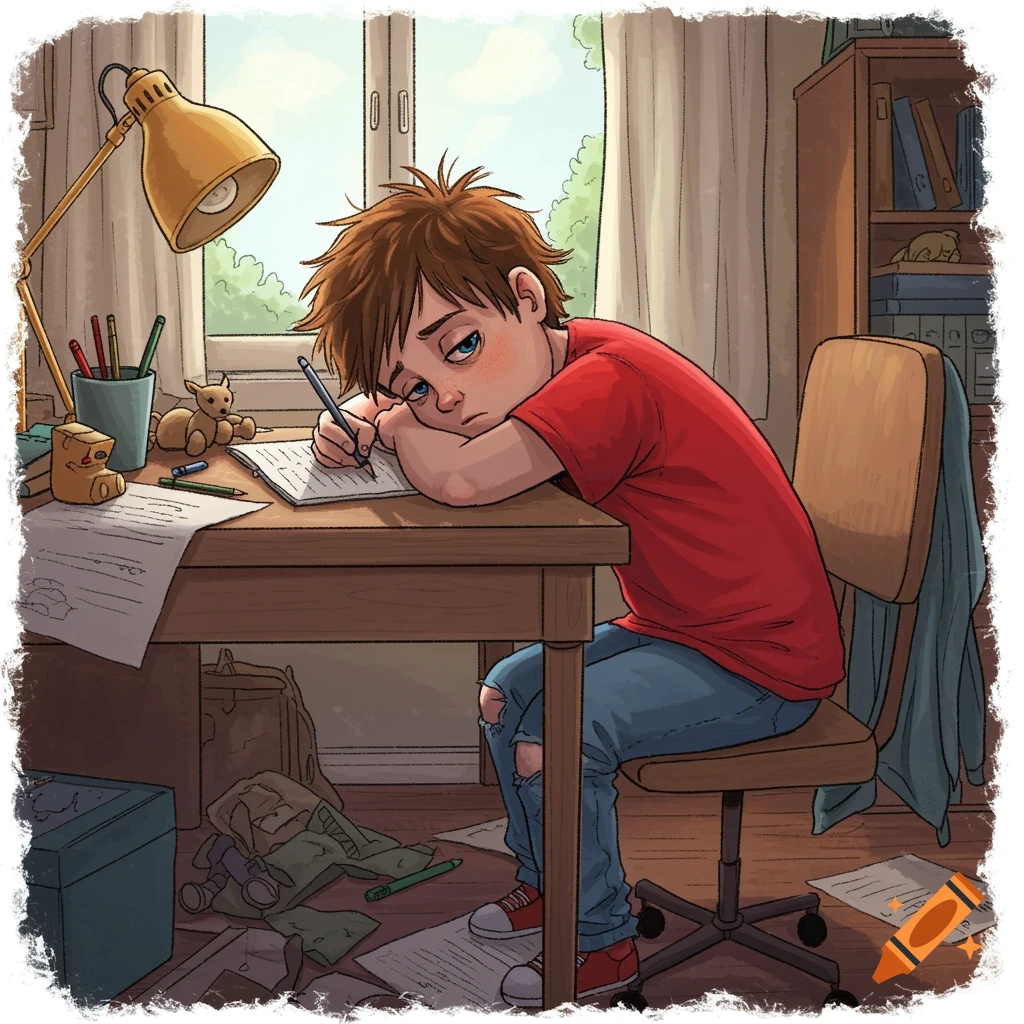 Illustration of a bored young boy slumped over a cluttered desk doing homework by a window.