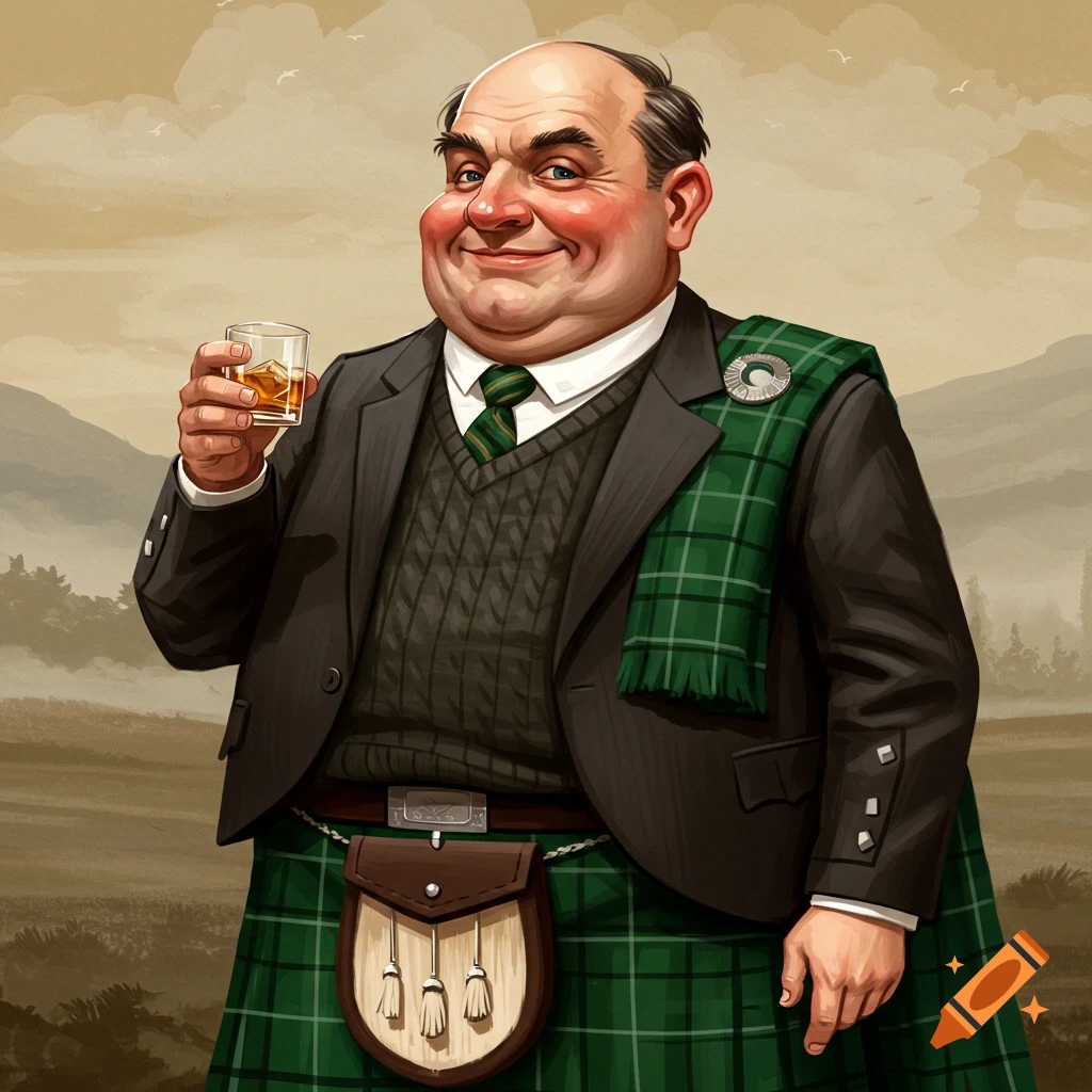A man in a kilt holds a glass of whiskey in a Scottish landscape.