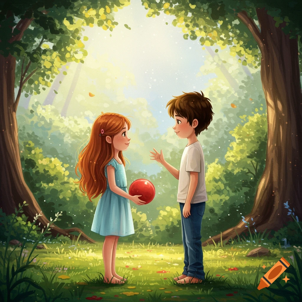 A girl and a boy are playing with a red ball in a sunny forest.
