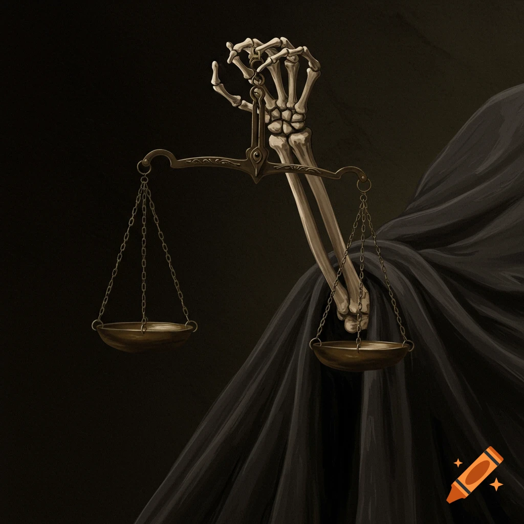 A skeletal hand holds balanced scales in a dark, dramatic image.
