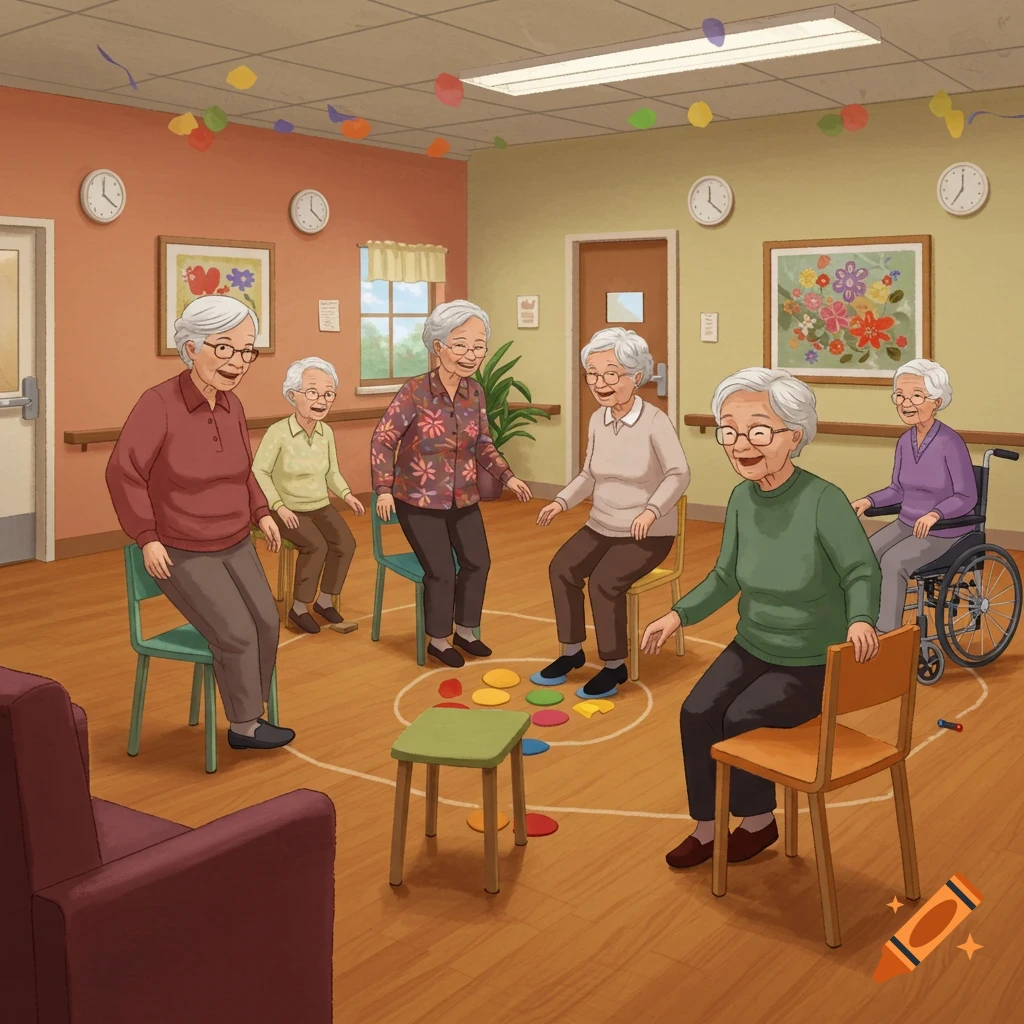 A group of elderly people are playing a game in a recreation room.