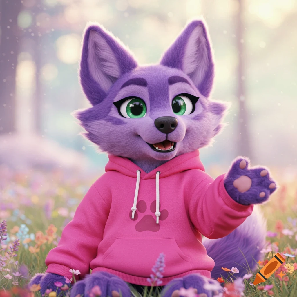 Cute purple wolf furry in pink hoodie sits in a field of flowers