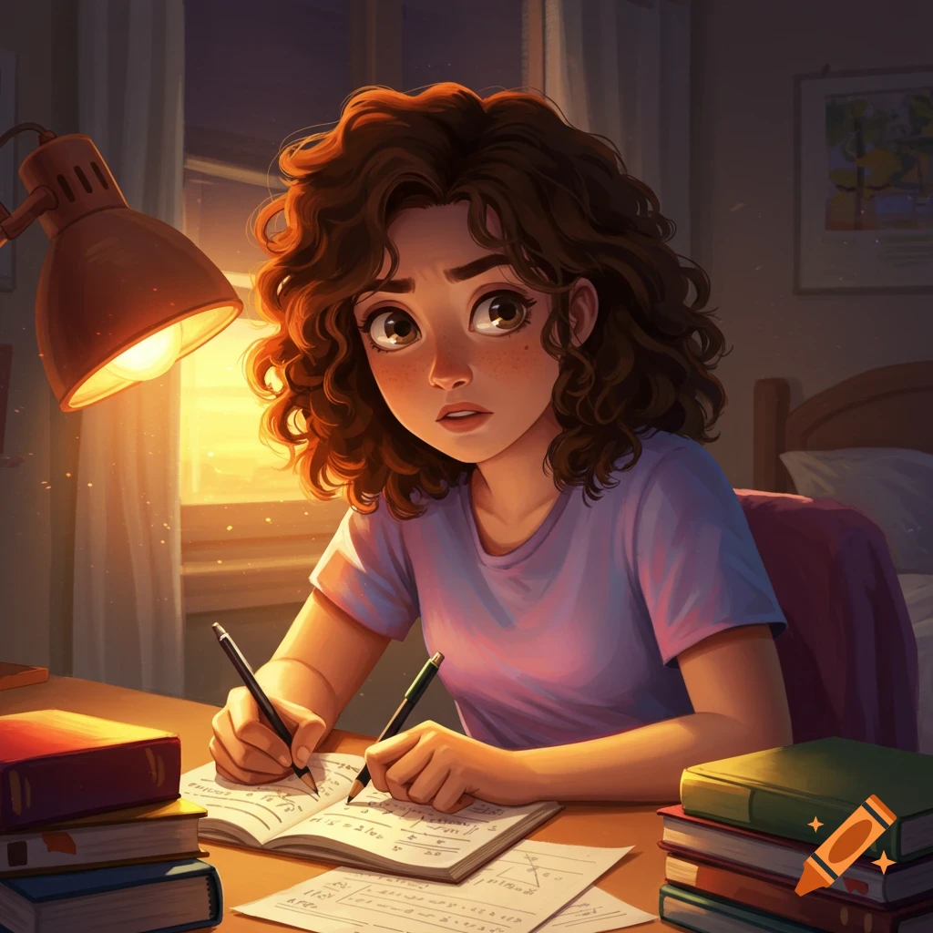 A girl with curly hair is studying at a desk filled with books and papers, illuminated by a lamp.