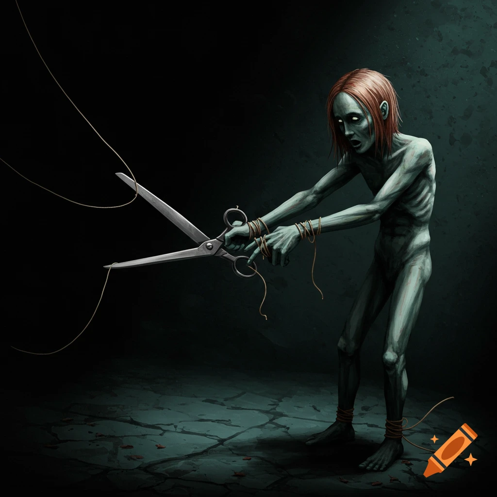 A gaunt figure holds scissors poised to cut strings in a dark room.