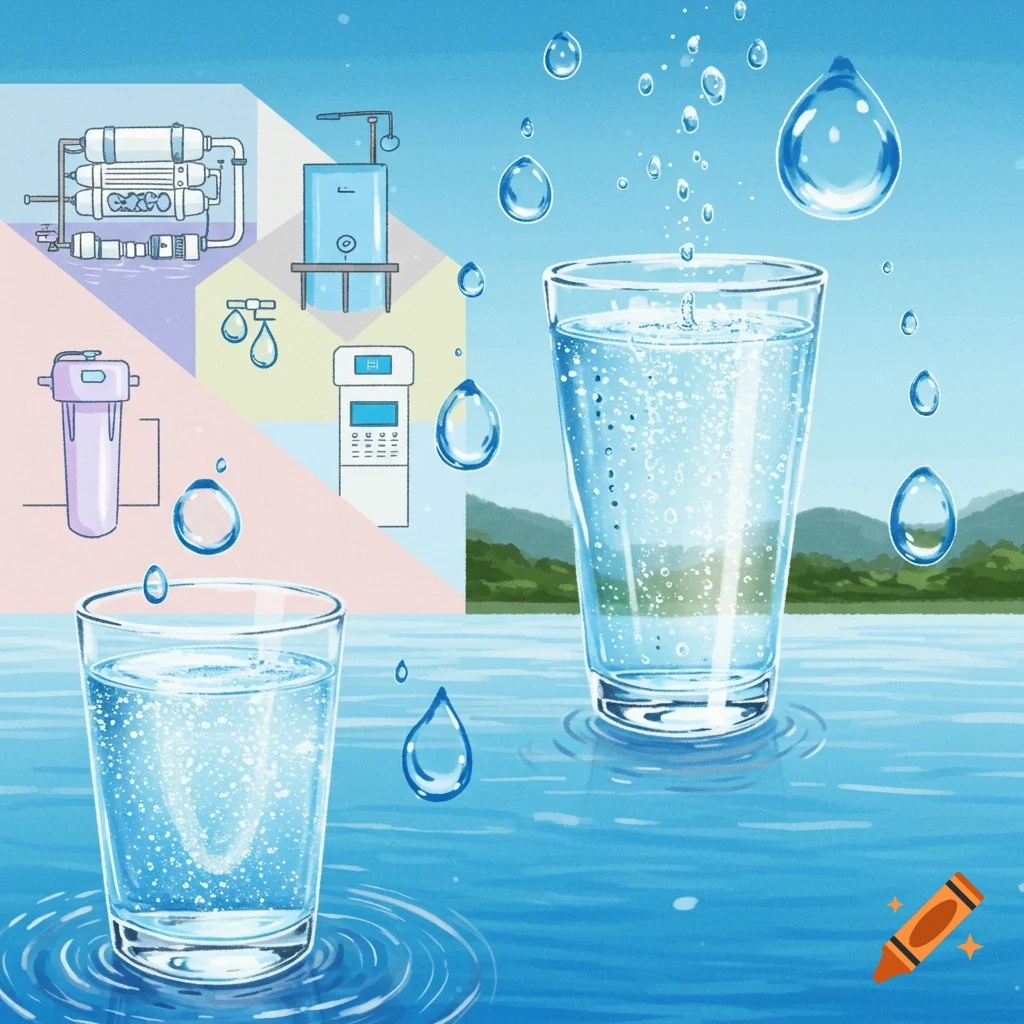 Two glasses of water with bubbles and splashing drops, over water ripples, with diagrams of water filtration systems in the background.