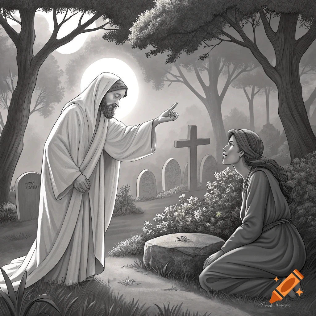 A grayscale drawing of Jesus pointing at a kneeling woman in a garden with gravestones and a cross.