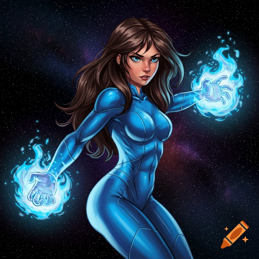 Stylized illustration of a superhero girl in a blue suit generating blue fire against a space background.