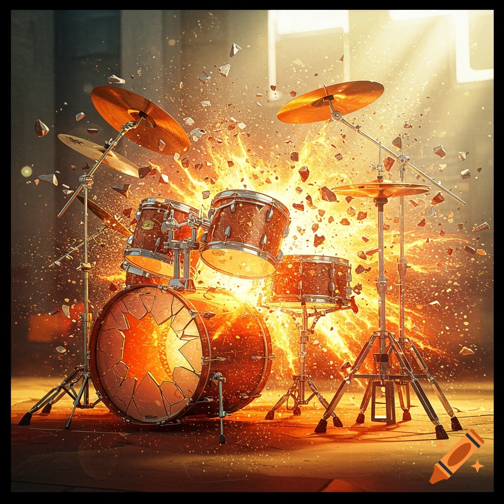 A drumset exploding in fire and debris.