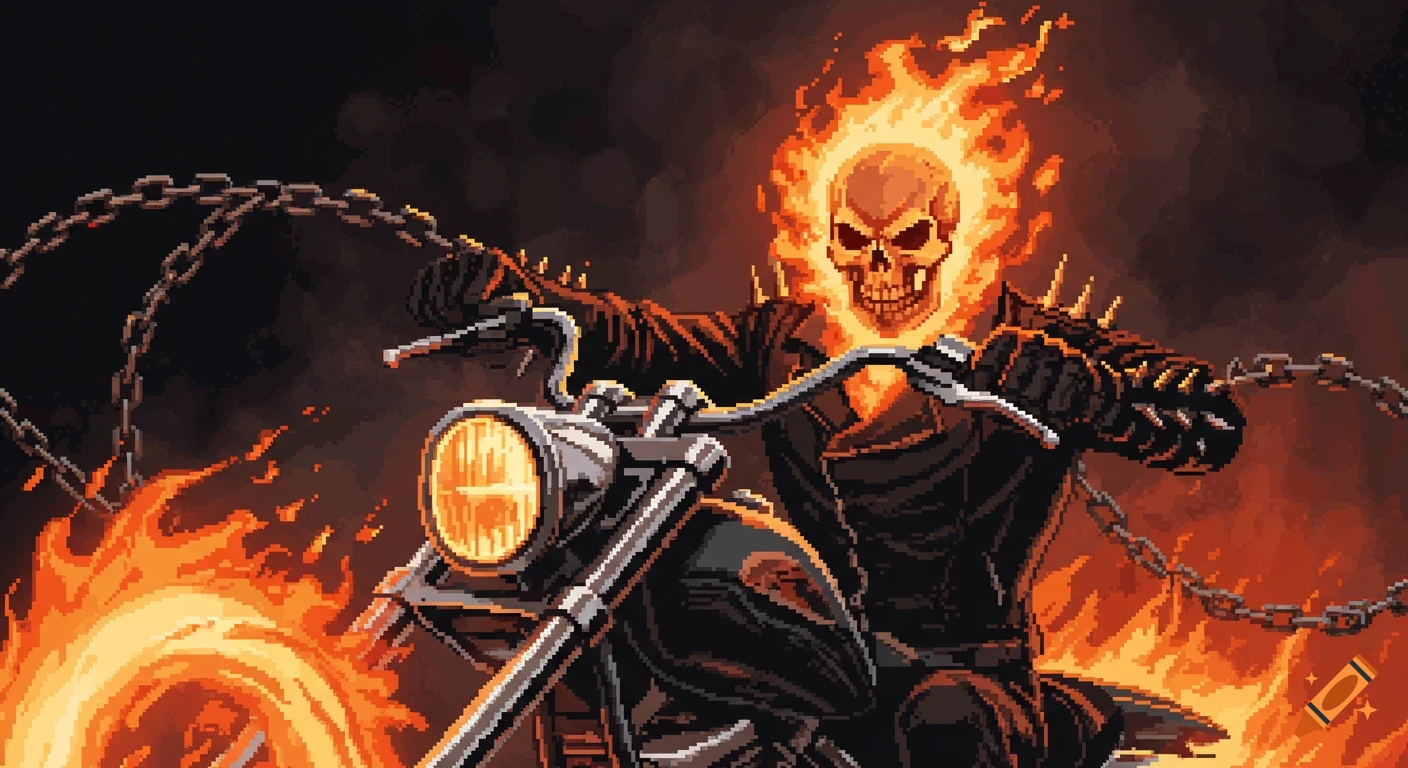 Pixel art of Ghost Rider on a motorcycle surrounded by flames and chains