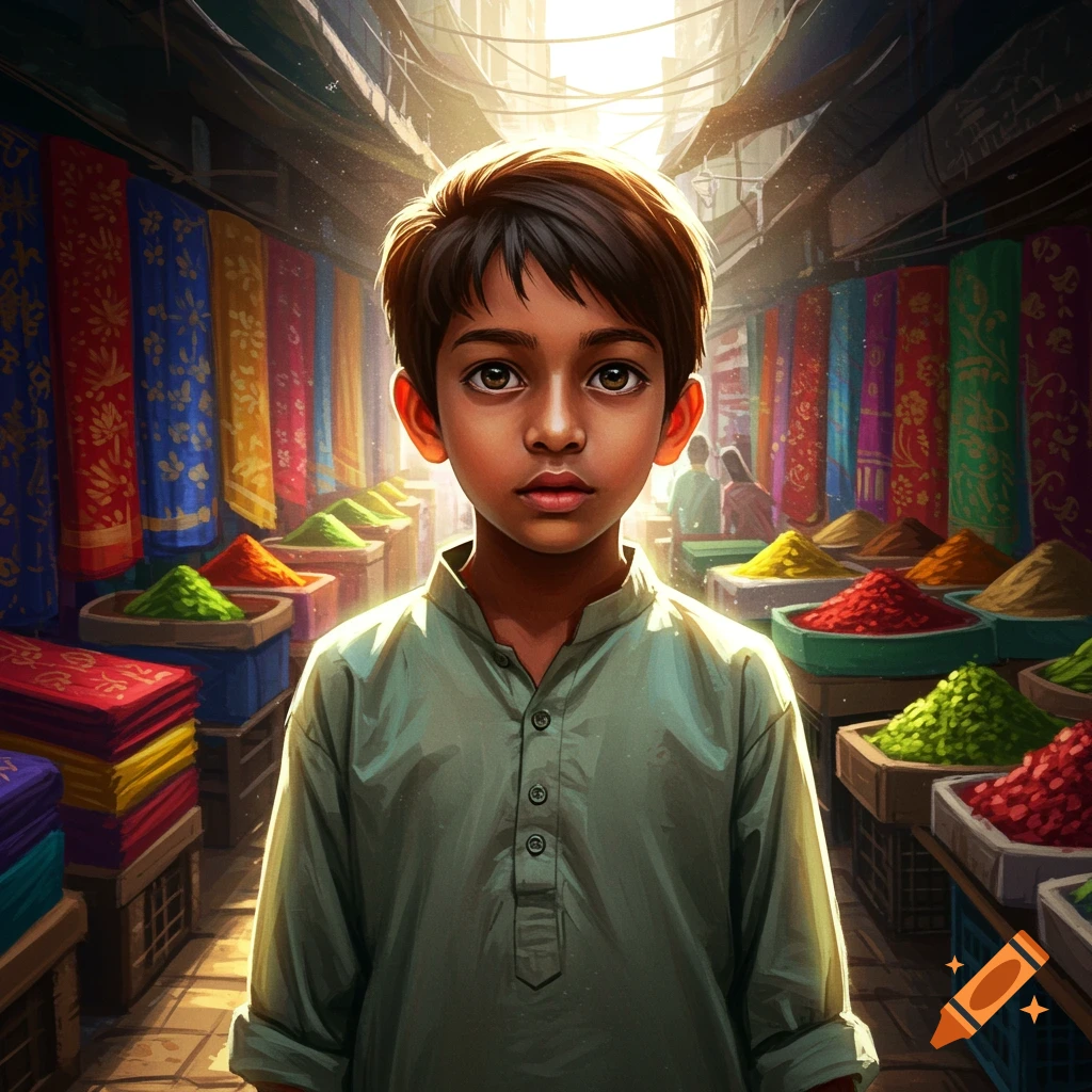 A young boy stands in a vibrant market filled with colorful fabrics and spices.