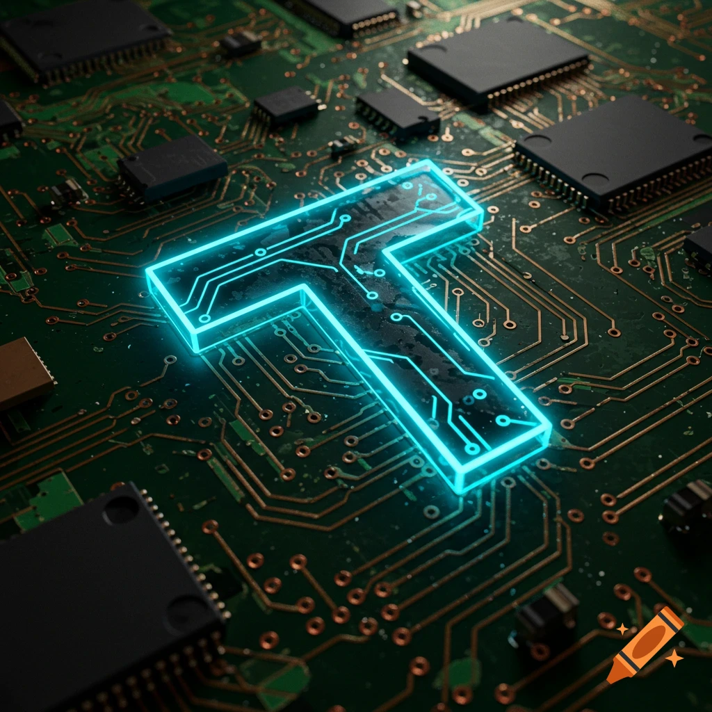 Glowing blue letter T made of circuitry on a green circuit board with components