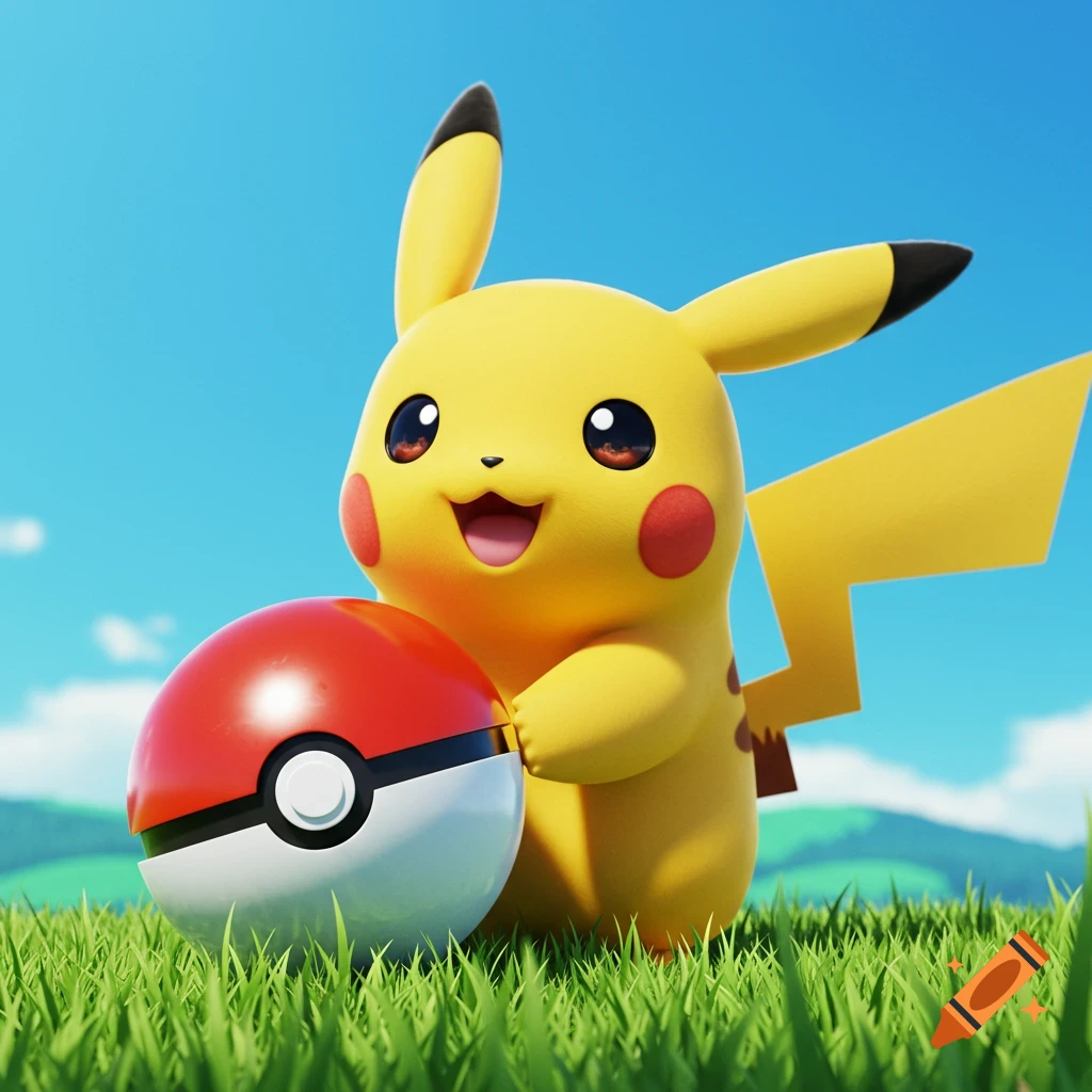 Pikachu holding a Pokeball in a grassy field under a blue sky.