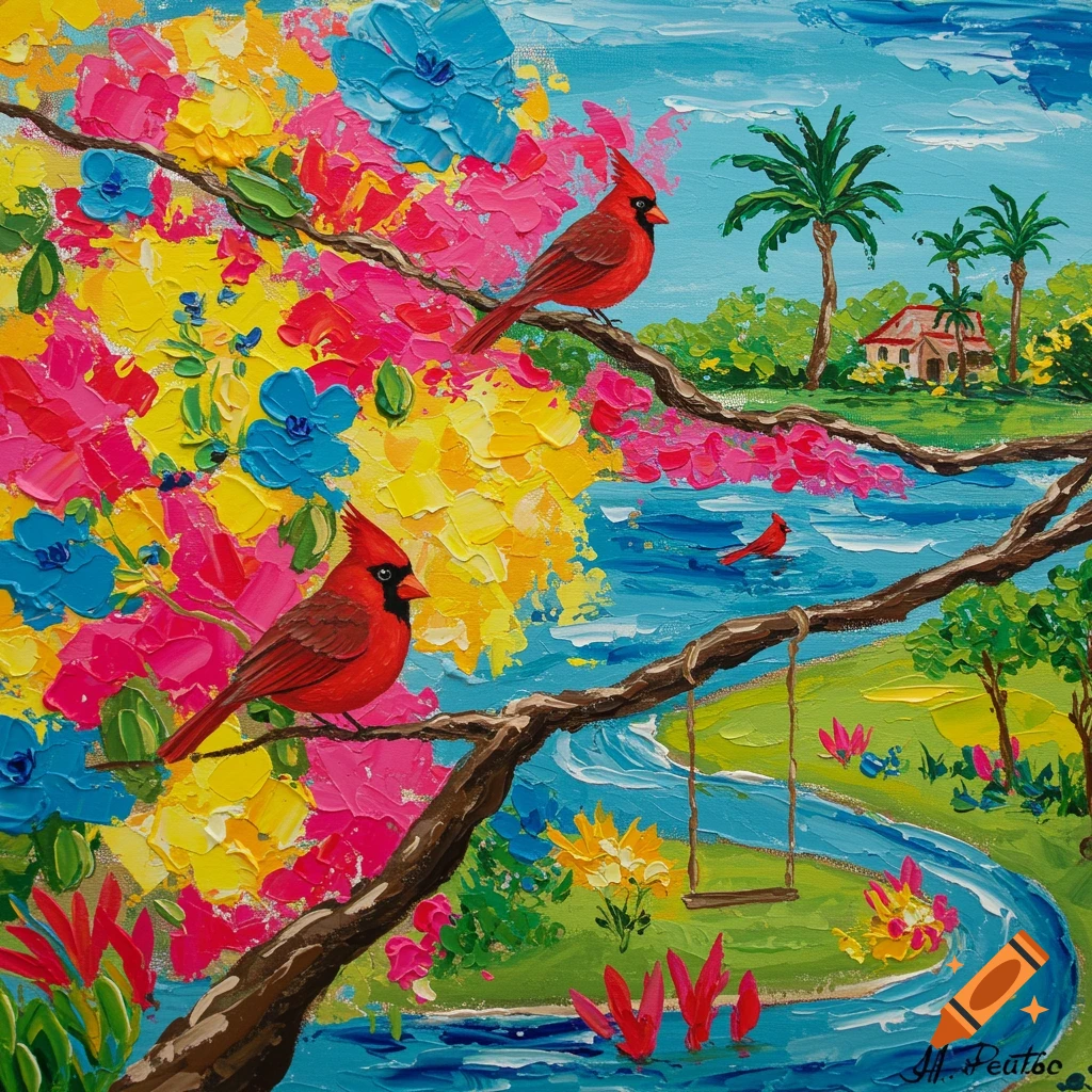Impasto painting of red cardinals in a vibrant tropical landscape with a river and swing set.