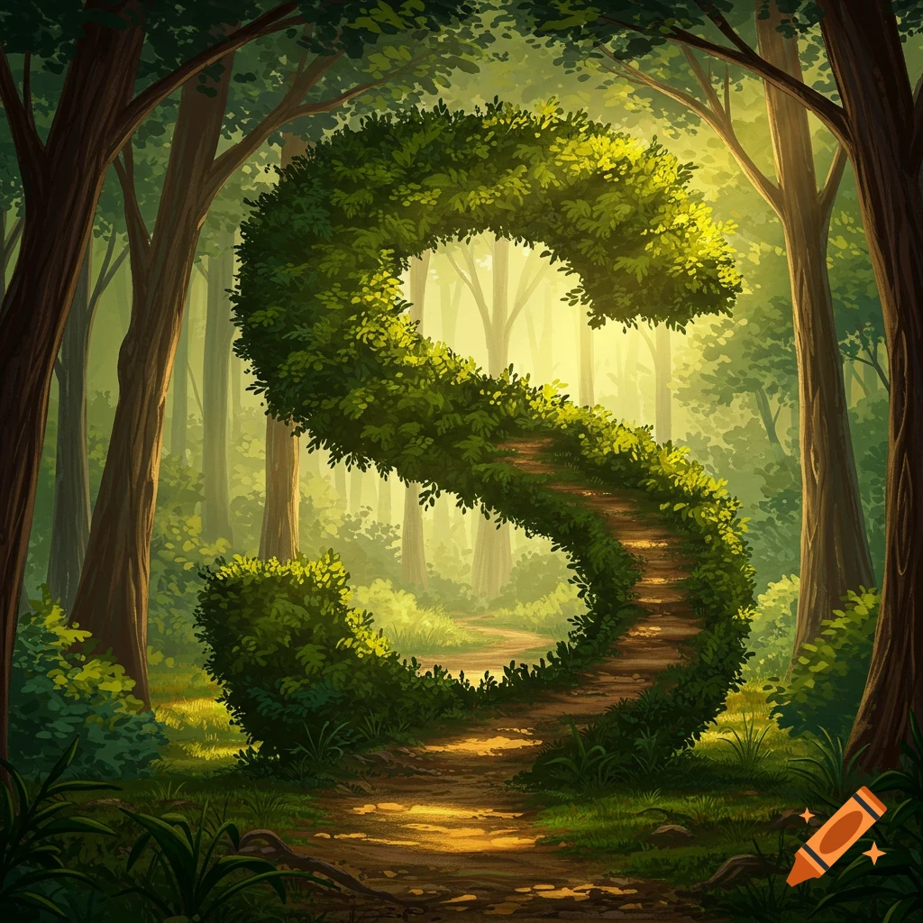 A winding path shaped like the letter S covered in green leaves, going through a sunny forest.