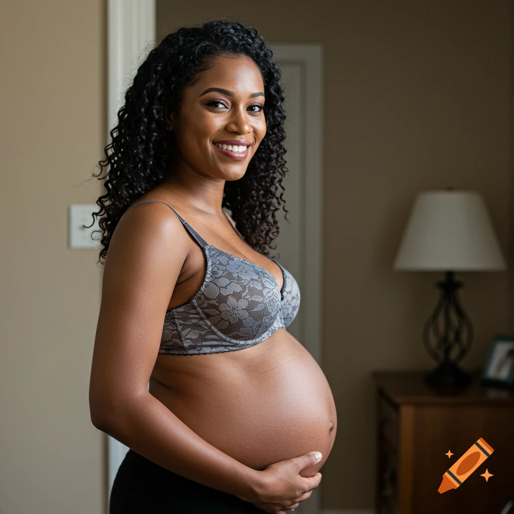 Photorealistic portrait of a smiling pregnant woman in a bra standing indoors and holding her belly.