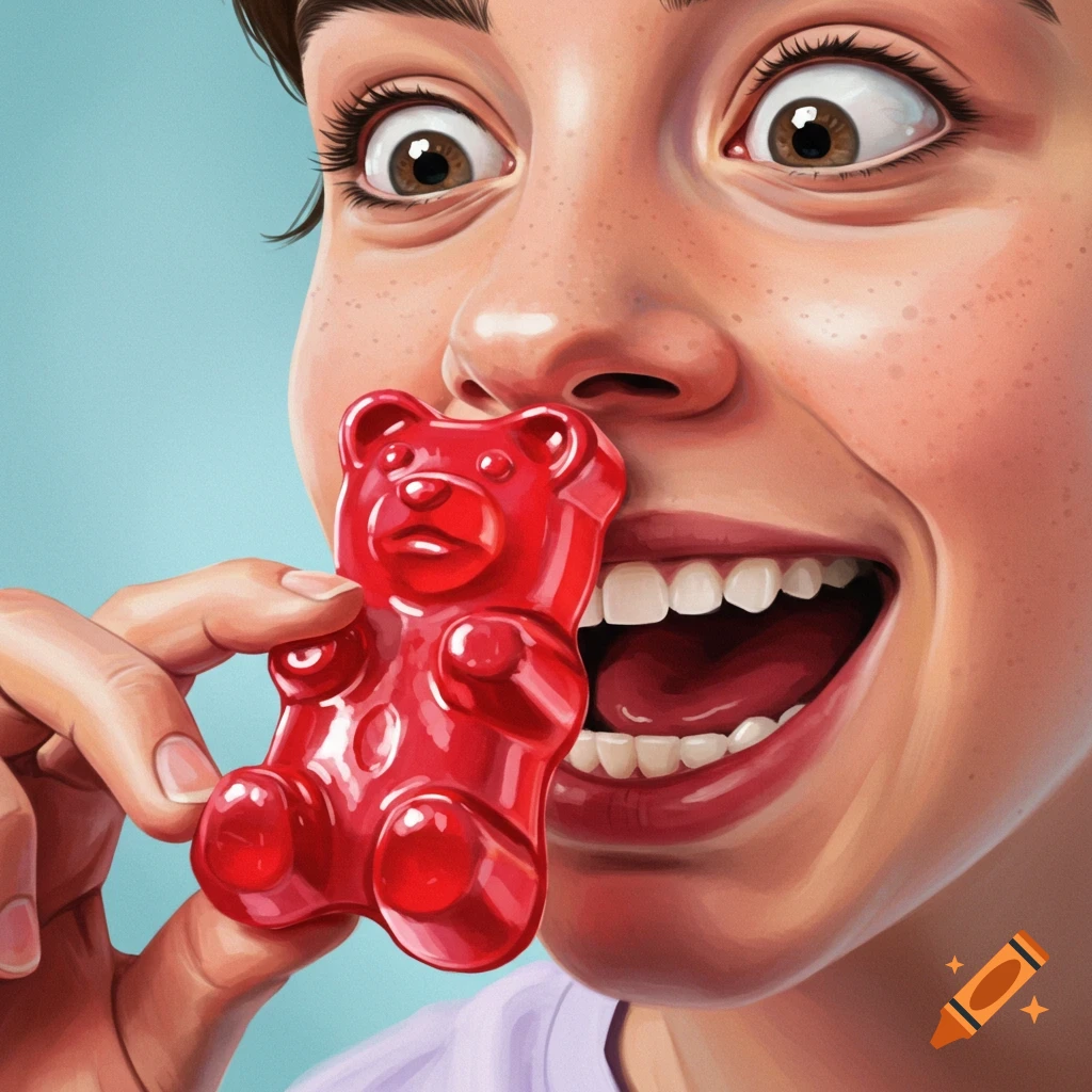 A close-up of a person with wide eyes and mouth open, holding a large red gummy bear near their nose.