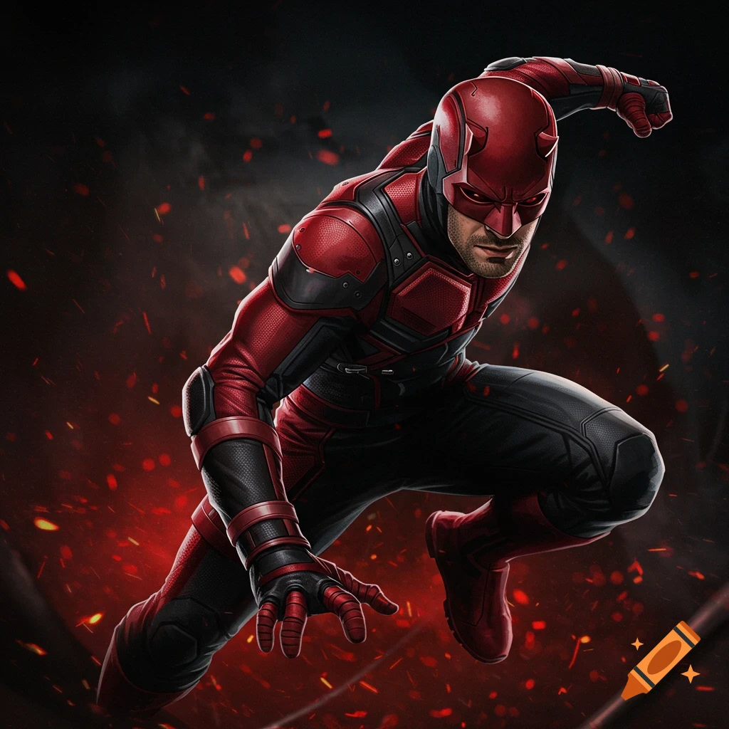 Daredevil in red suit crouches in dynamic pose with glowing red particles.