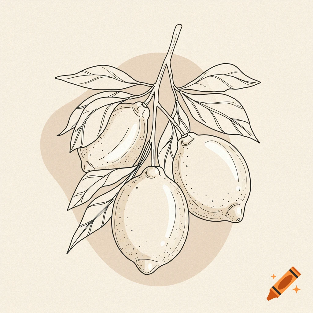 Line drawing illustration of three lemons hanging from a branch with leaves.