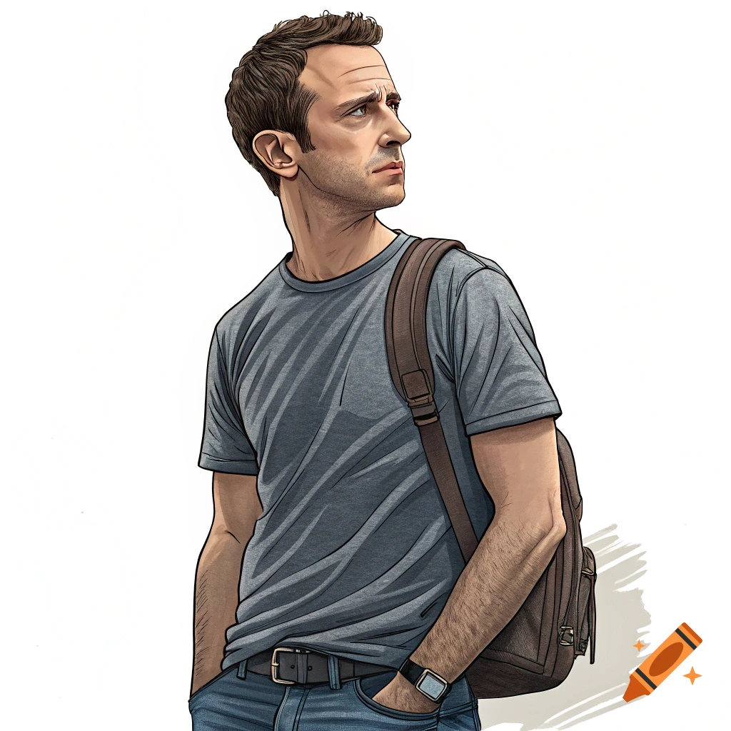 Illustration of a man in a gray t-shirt and backpack, looking right, in a cartoonish style.