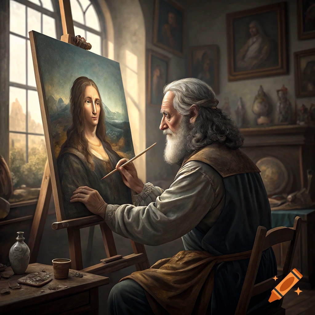 Artist painting the Mona Lisa on a canvas in a studio.