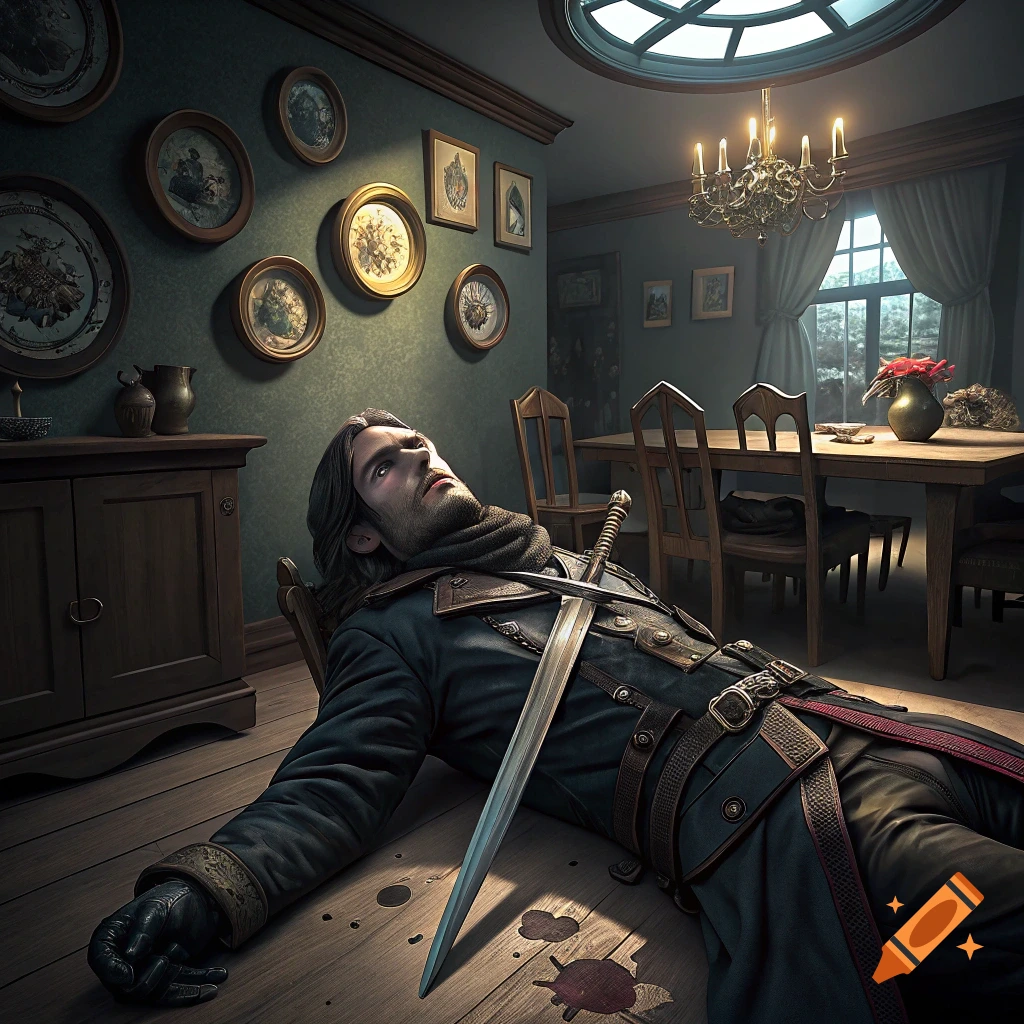 A person in historical fantasy clothes lies on the floor with a sword and blood spatters in a dining room.