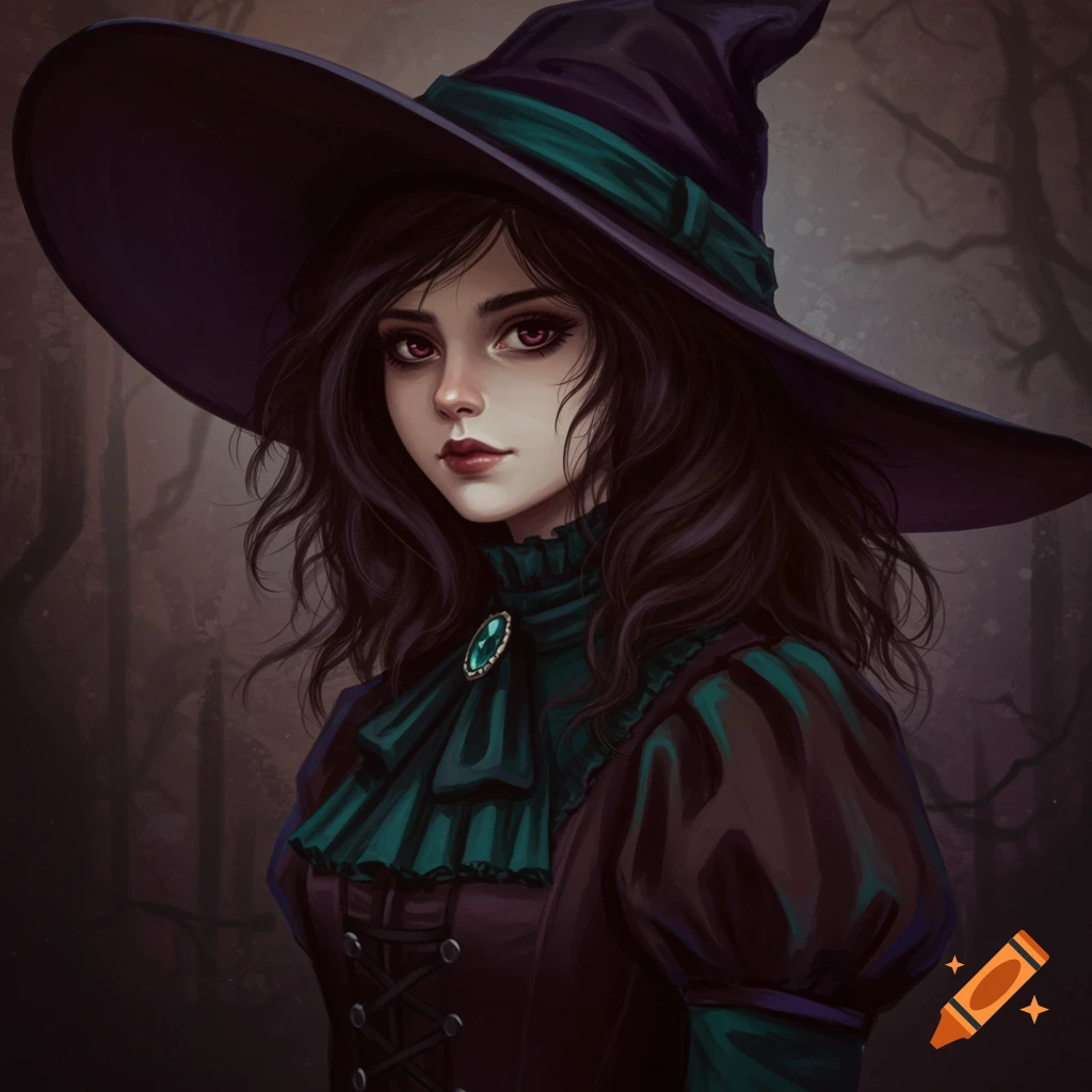 Victorian gothic portrait of a young witch with dark eyes and wide-brimmed hat