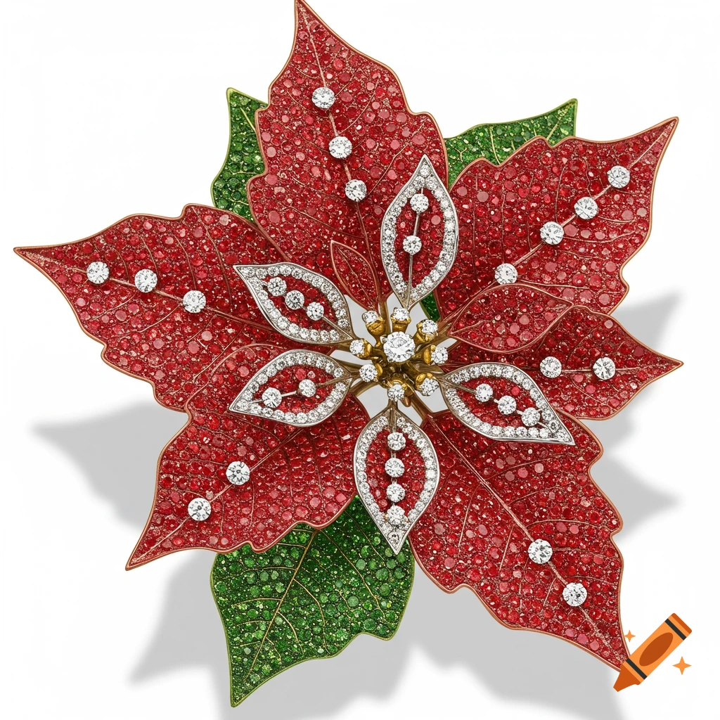A diamond and gemstone poinsettia brooch on a white background.