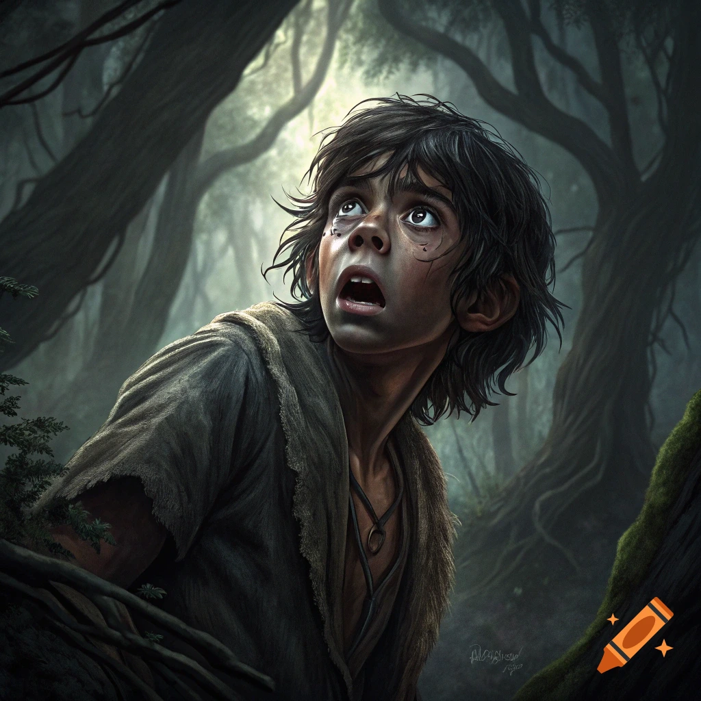 Illustration of a young boy with a terrified expression looking up in a dark forest.