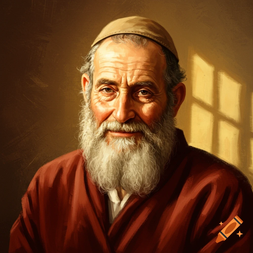 A striking image of an older man with a long grey beard, wearing a reddish-brown tunic and tan head covering, lit by dramatic light.