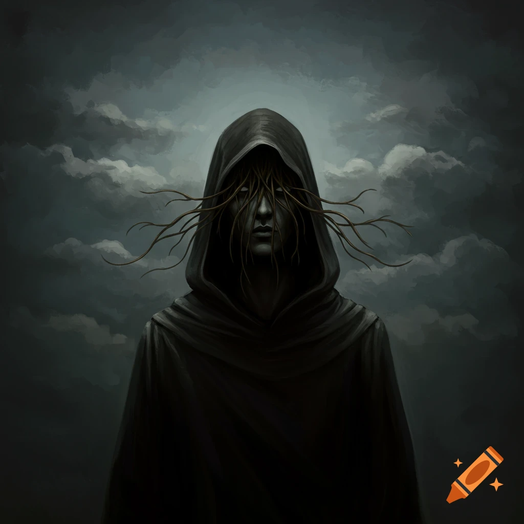 A hooded figure with tendrils covering its face stands against a dark, cloudy sky.