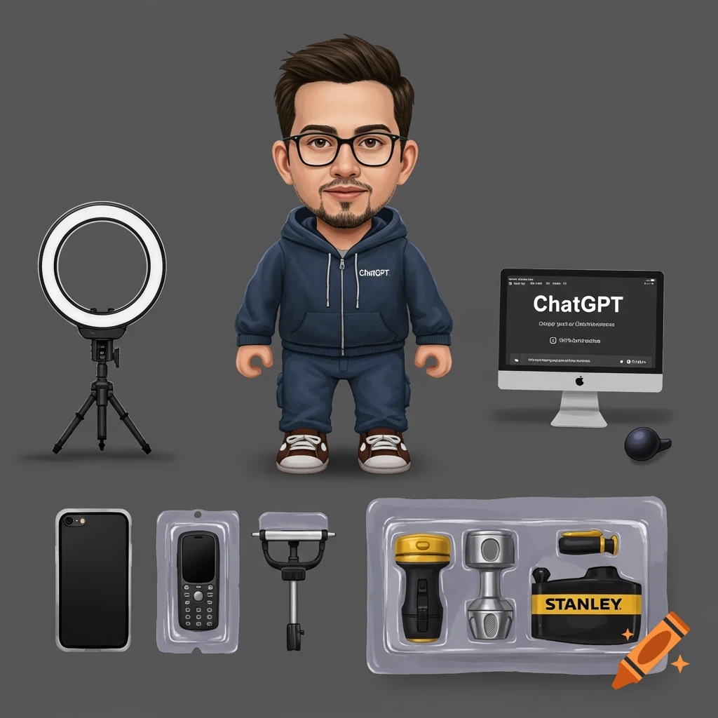 Cartoon action figure with ring light, computer, phone, and Stanley tumbler in blister packs.