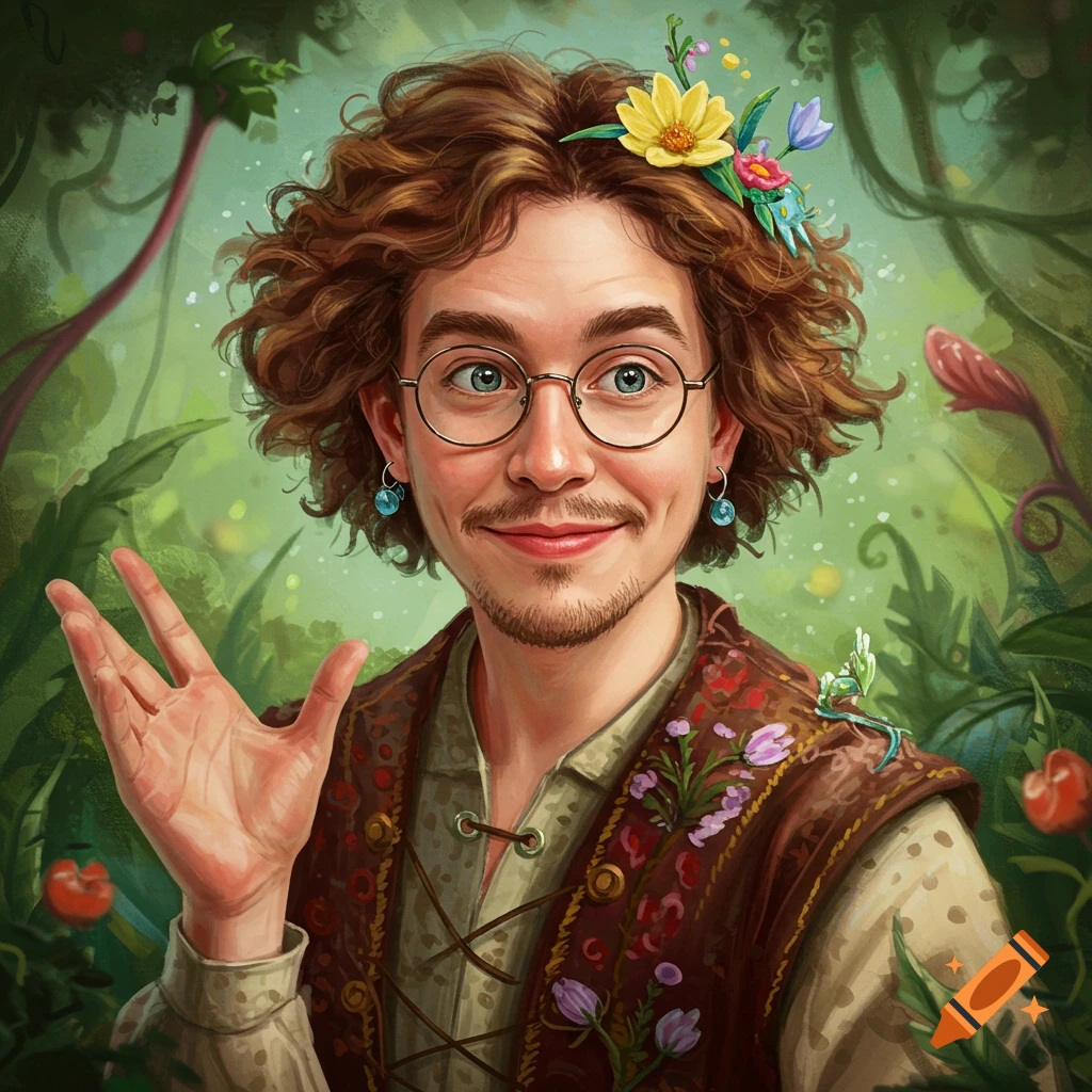 A man with glasses and curly hair wearing flowers and a vest stands in a jungle.