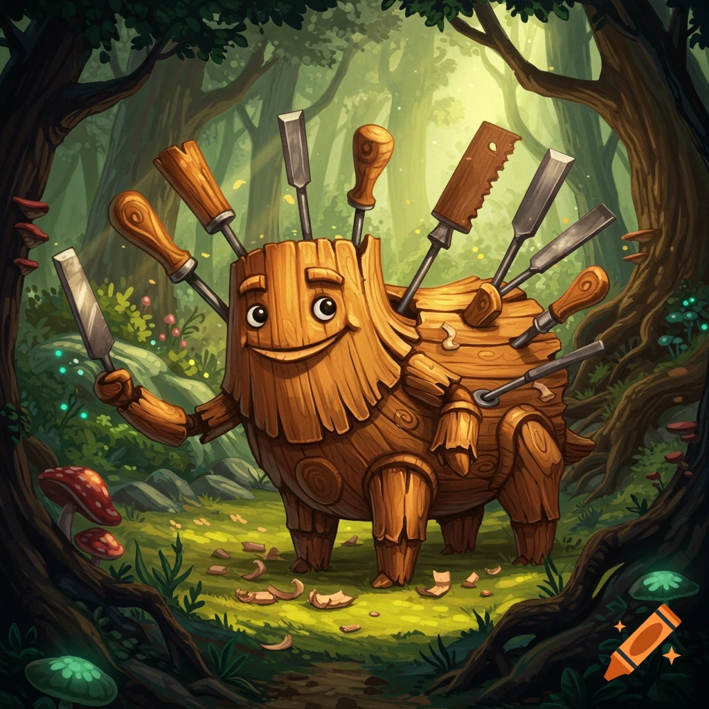 Whimsical creature made of wood with tools in a forest clearing