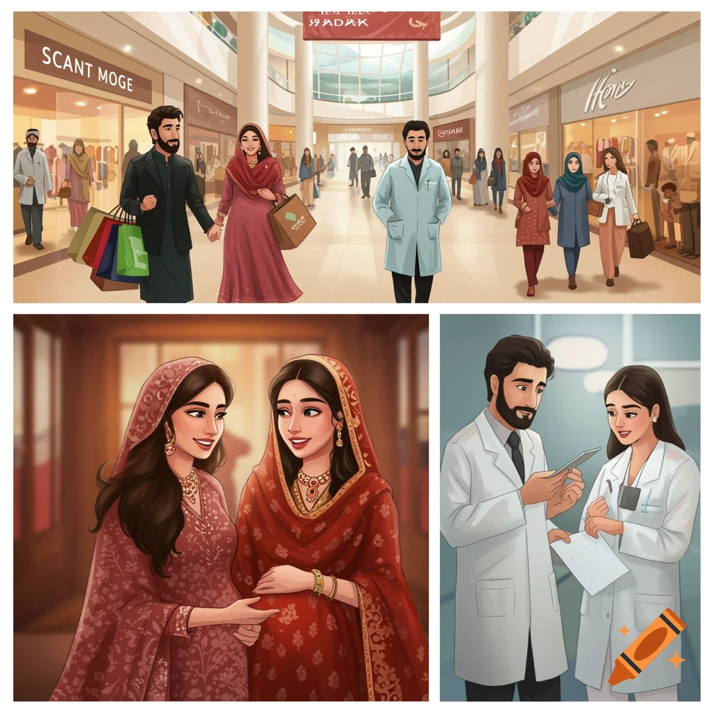 Digital illustration of multiple scenes: people shopping in a mall, two women in traditional dress, and two doctors reviewing papers.