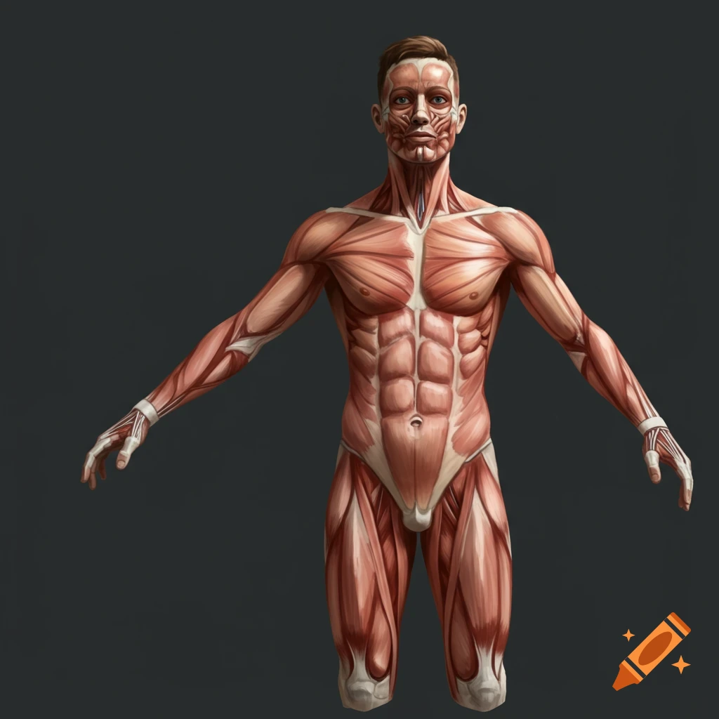 The muscular system of a male human body is displayed in a T-pose.