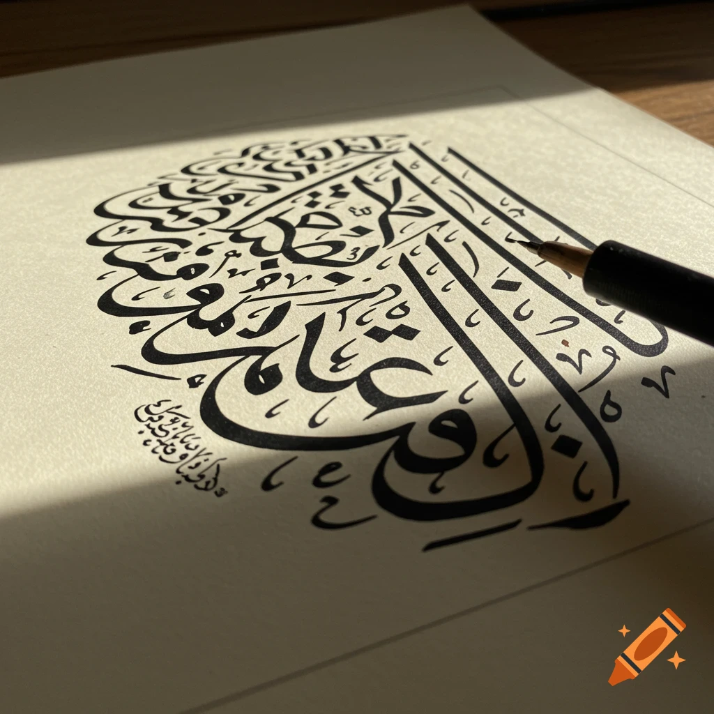 Close-up of a pen writing Arabic calligraphy in black ink on beige paper, bathed in sunlight.