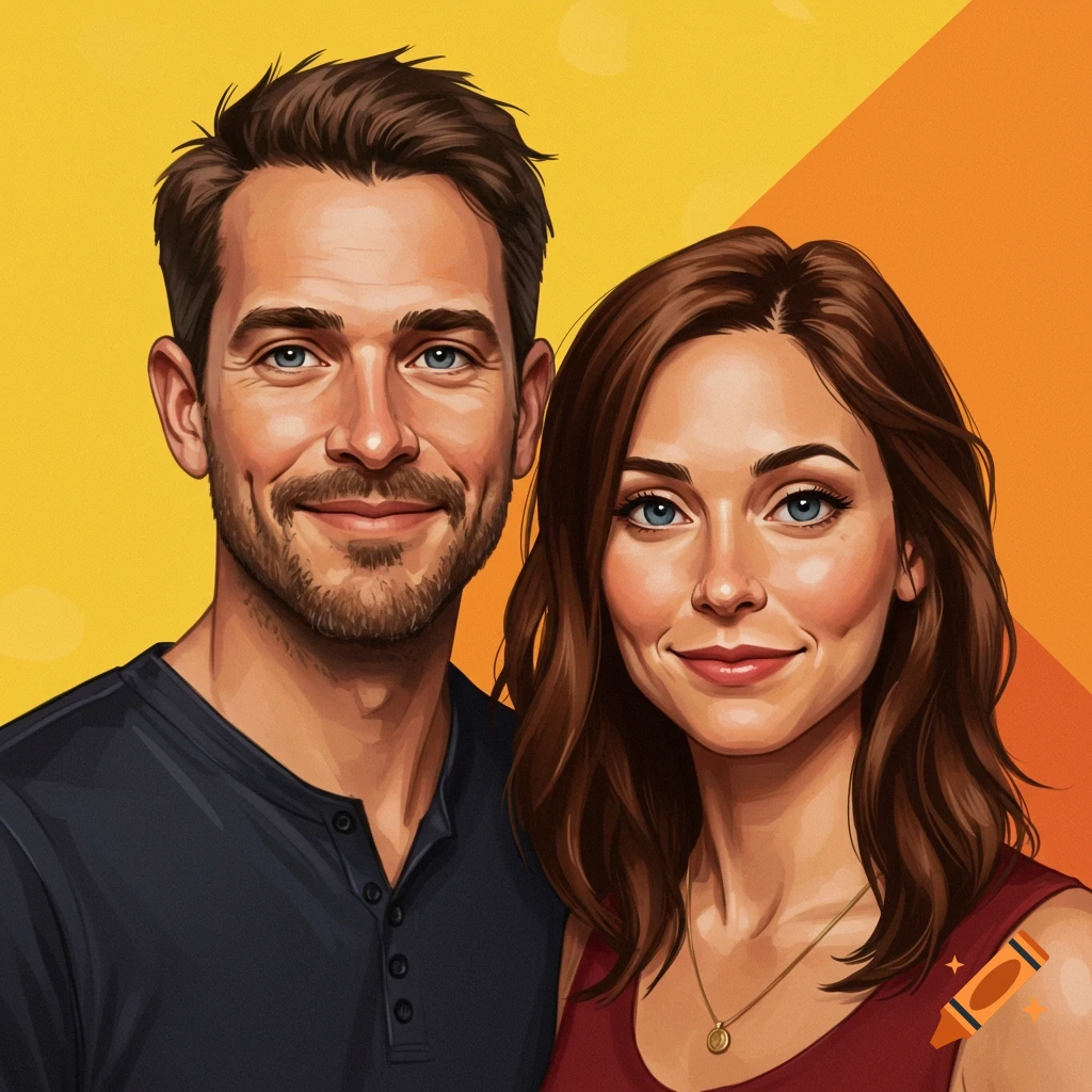 A man and a woman smiling on a yellow and orange background.