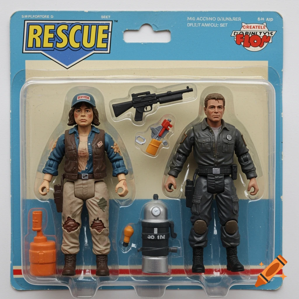 Blister pack packaging for a "Rescue" action figure set, featuring two figures and accessories in a vintage style.