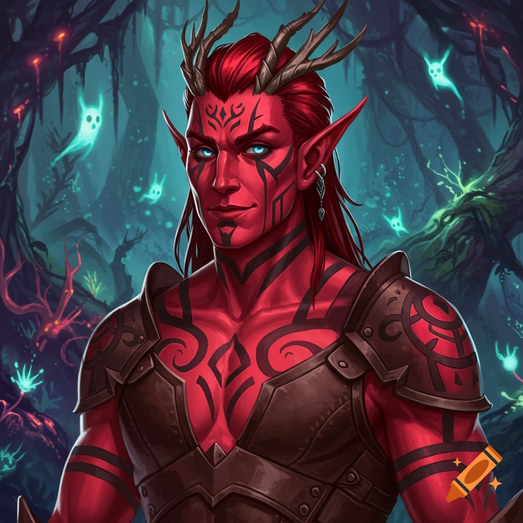 Red-skinned male fantasy character with horns and tattoos wears armor in a forest with spirits.