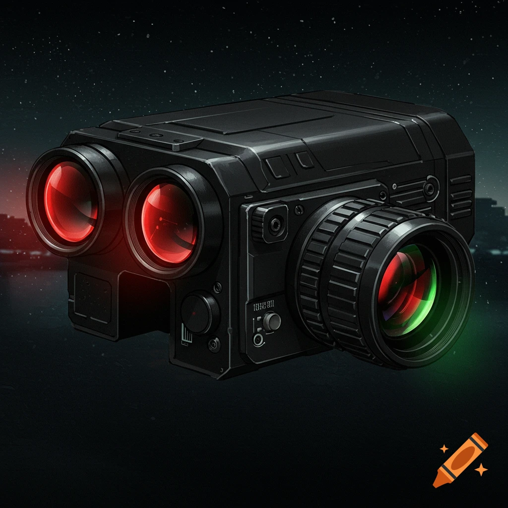 A black night vision device with red and green lens reflections against a dark background.