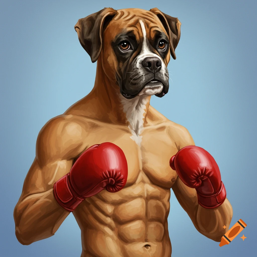 A muscular Boxer dog with a human body wears boxing gloves.