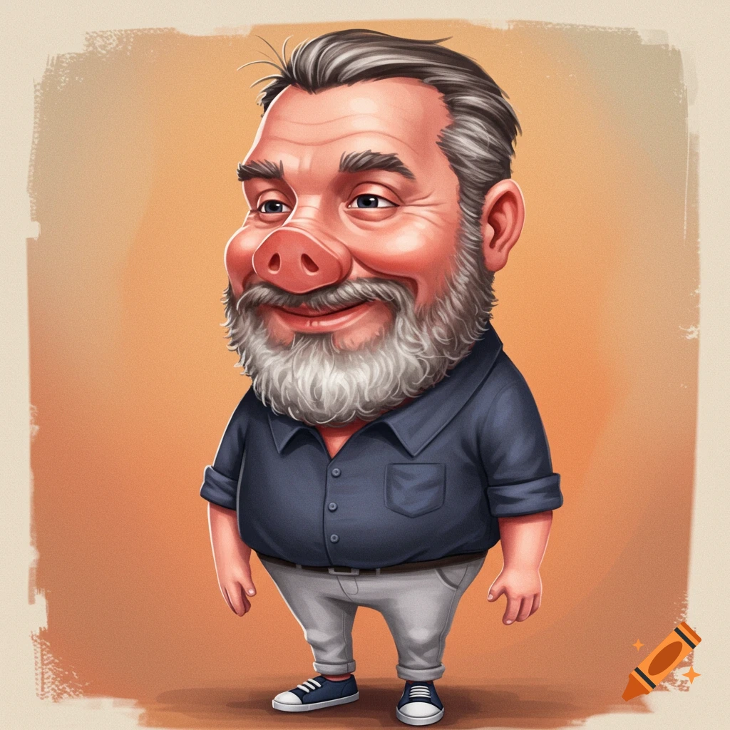 Cartoon caricature of a man with a pig nose, beard, and grey hair, wearing a blue shirt and grey pants.
