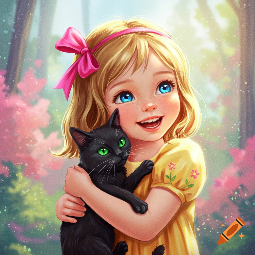 Fairytale image of a smiling girl holding a black cat in a forest