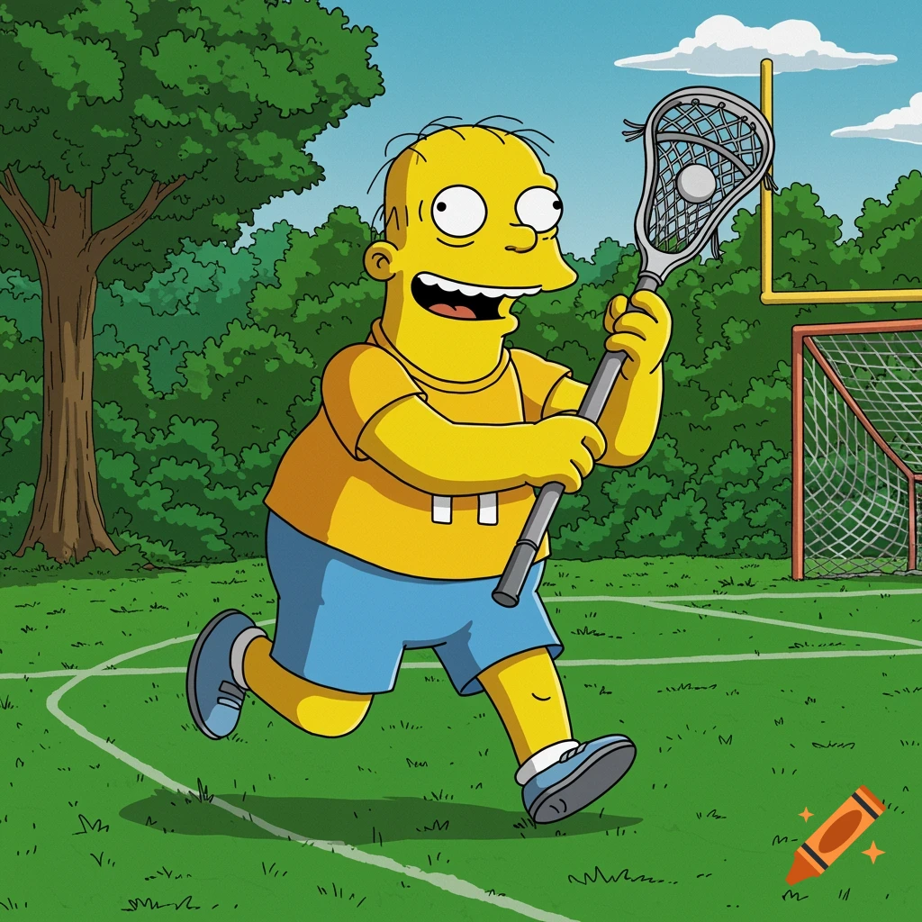 Ralph Wiggum from The Simpsons plays lacrosse on a field with a goal.
