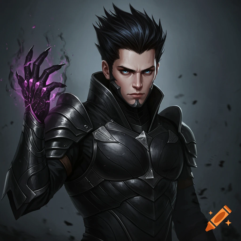A dark fantasy character in black armor with glowing purple energy on his hand.